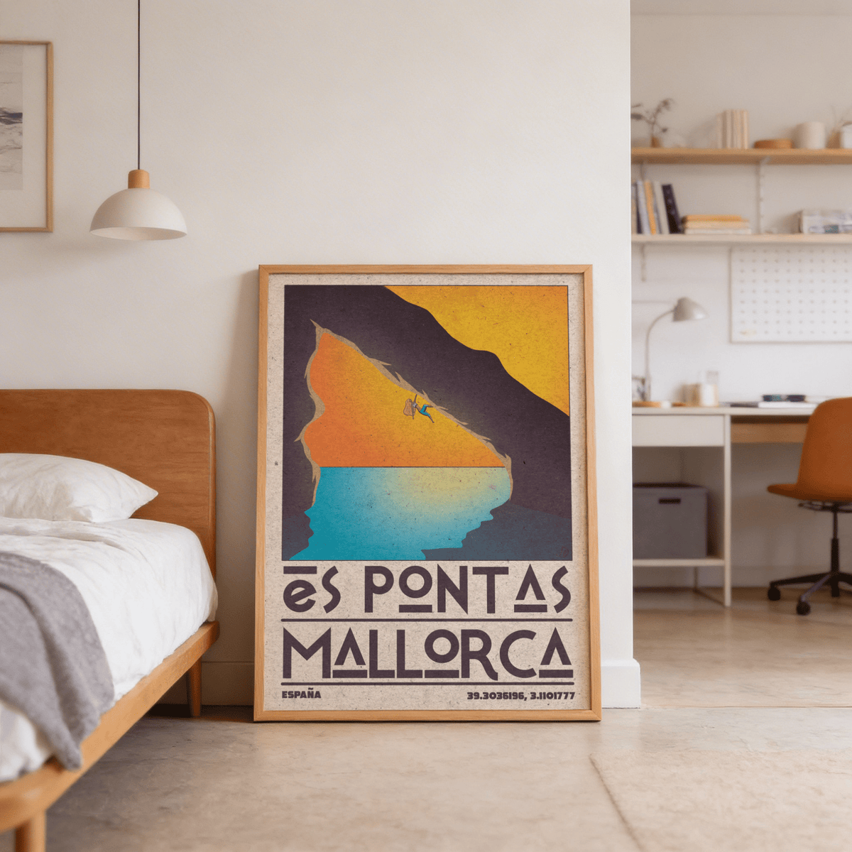Es Pontas arch illustration with small climber figure and bold typography