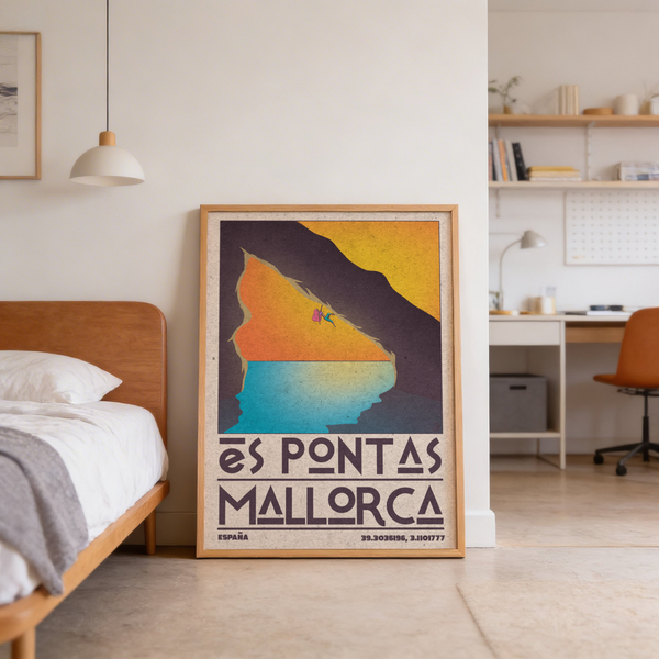 Es Pontas arch illustration with small climber figure and bold typography