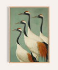 Birds Wall Art print showing four Japanese cranes on green background