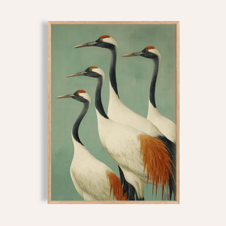 Framed close-up of Birds wall art featuring four red-crowned cranes with green background
