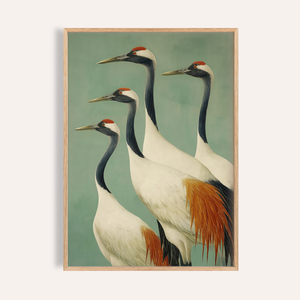 Birds Wall Art print showing four Japanese cranes on green background