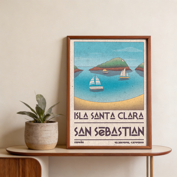 Seaside travel wall art print featuring a curved beach foreground, sailboats, and a distant island with small building
