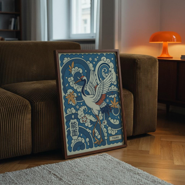 Highlighting a decorative crane wall art print with layered feathers and wave pattern background