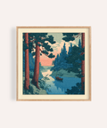 Framed view river boat wall art print in wooded landscape