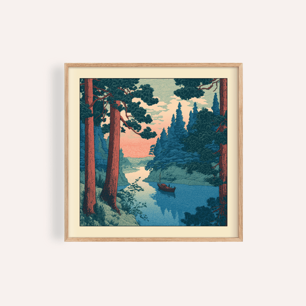 Framed view river boat wall art print in wooded landscape