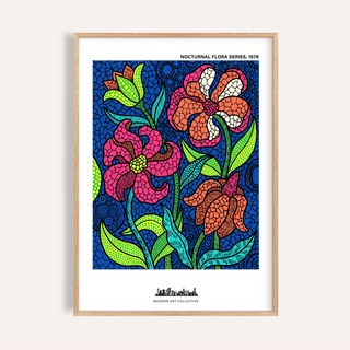 Vibrant mosaic-style floral poster with three blooms and patterned background