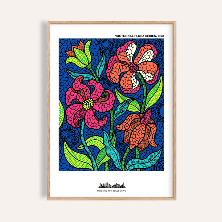 Vibrant mosaic-style floral poster with three blooms and patterned background