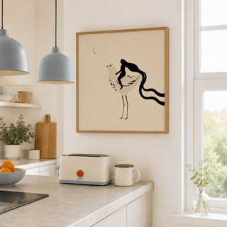 Centered Whimsical Bird Art Print showing long-legged bird and rider silhouette