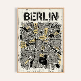 Bold Berlin typography city map poster with labeled districts