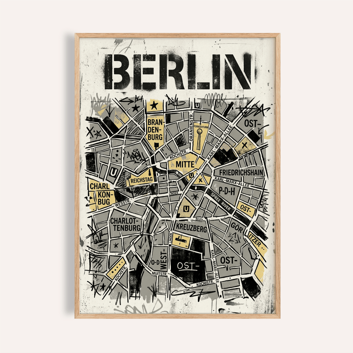 Bold Berlin typography city map poster with labeled districts
