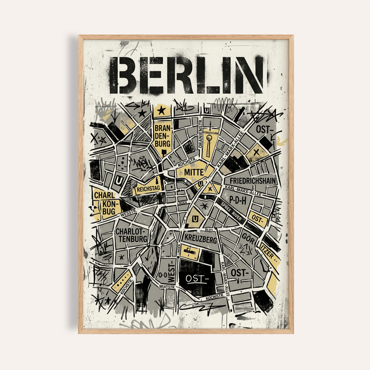 Bold Berlin typography city map poster with labeled districts