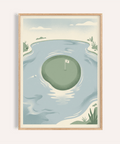 Minimal golf poster showing island green with 18 flag in water