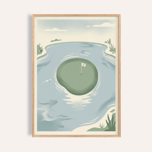 Minimal golf poster showing island green with 18 flag in water