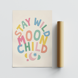 Cheerful Moon Child Wall Art in Blue and Pink lettering with crescent moon and stars