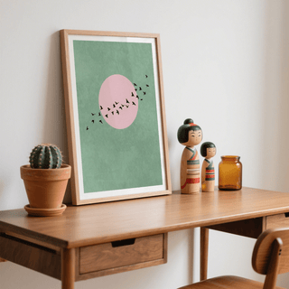 Clean minimalist poster print of flying birds and a centered circle motif