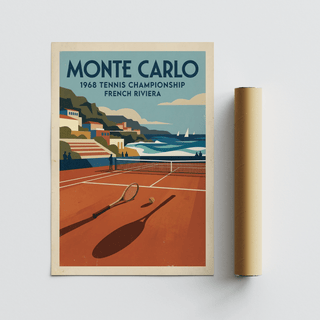 Tennis Championship Art Print with tennis racket, ball, and Monte Carlo event text