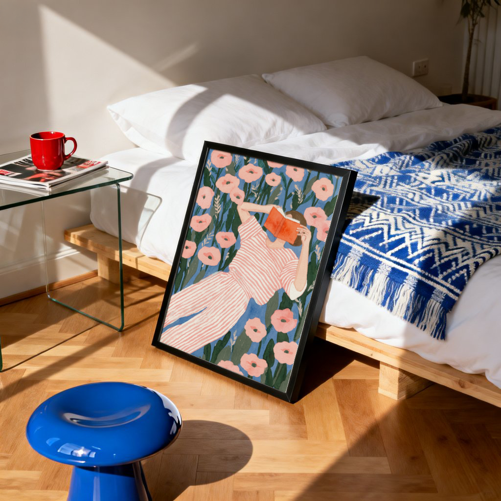 Diagonal composition print showing a lounging reader surrounded by tall leafy stems