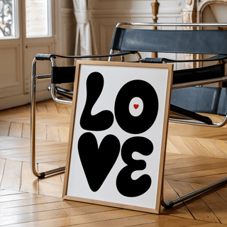 Love Art Print minimal monochrome poster shown framed