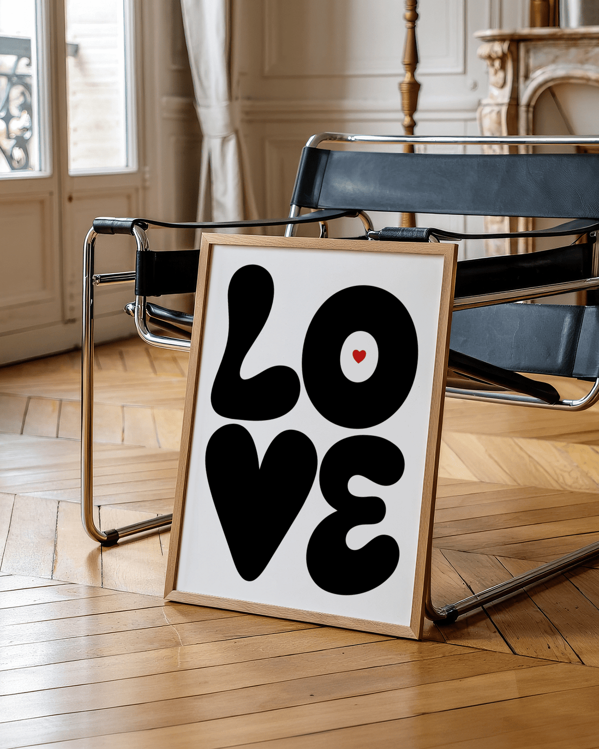 Love Art Print minimal monochrome poster shown framed