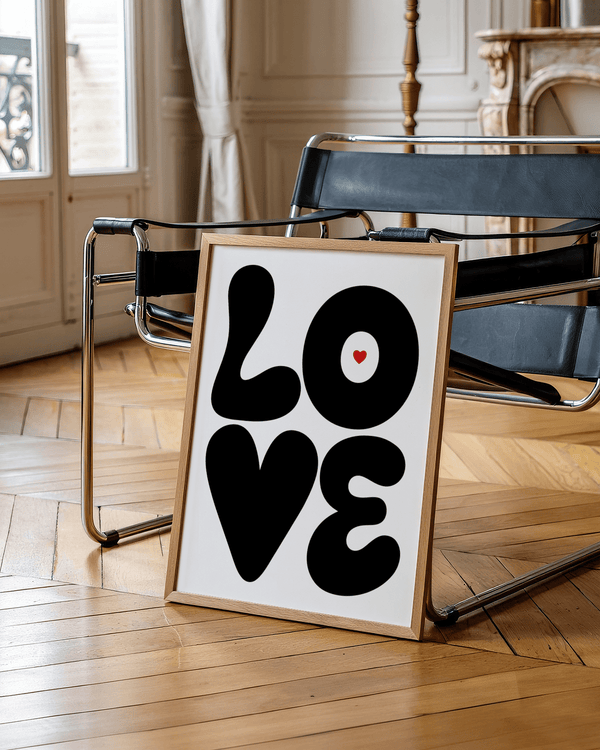 Love Art Print minimal monochrome poster shown framed