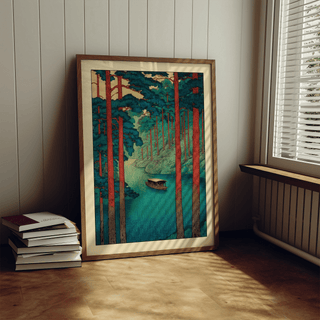 Scene-focused river poster print with foreground trunks creating a window into the waterway