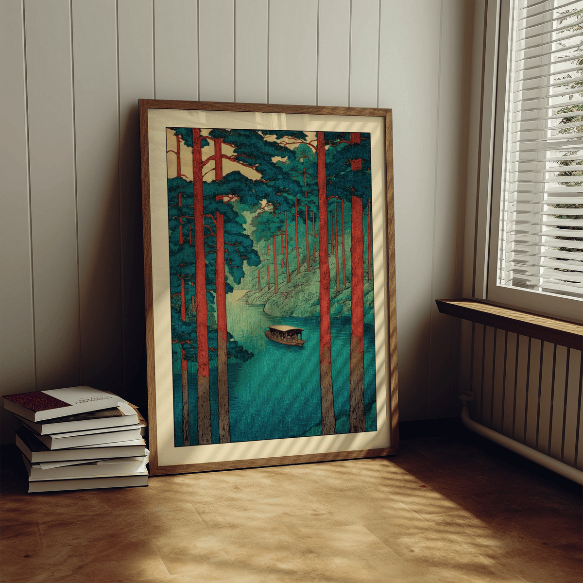 Scene-focused river poster print with foreground trunks creating a window into the waterway
