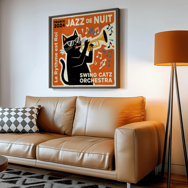 Jazz Cat Art Print, Black cat with trumpet, Orange background wall art