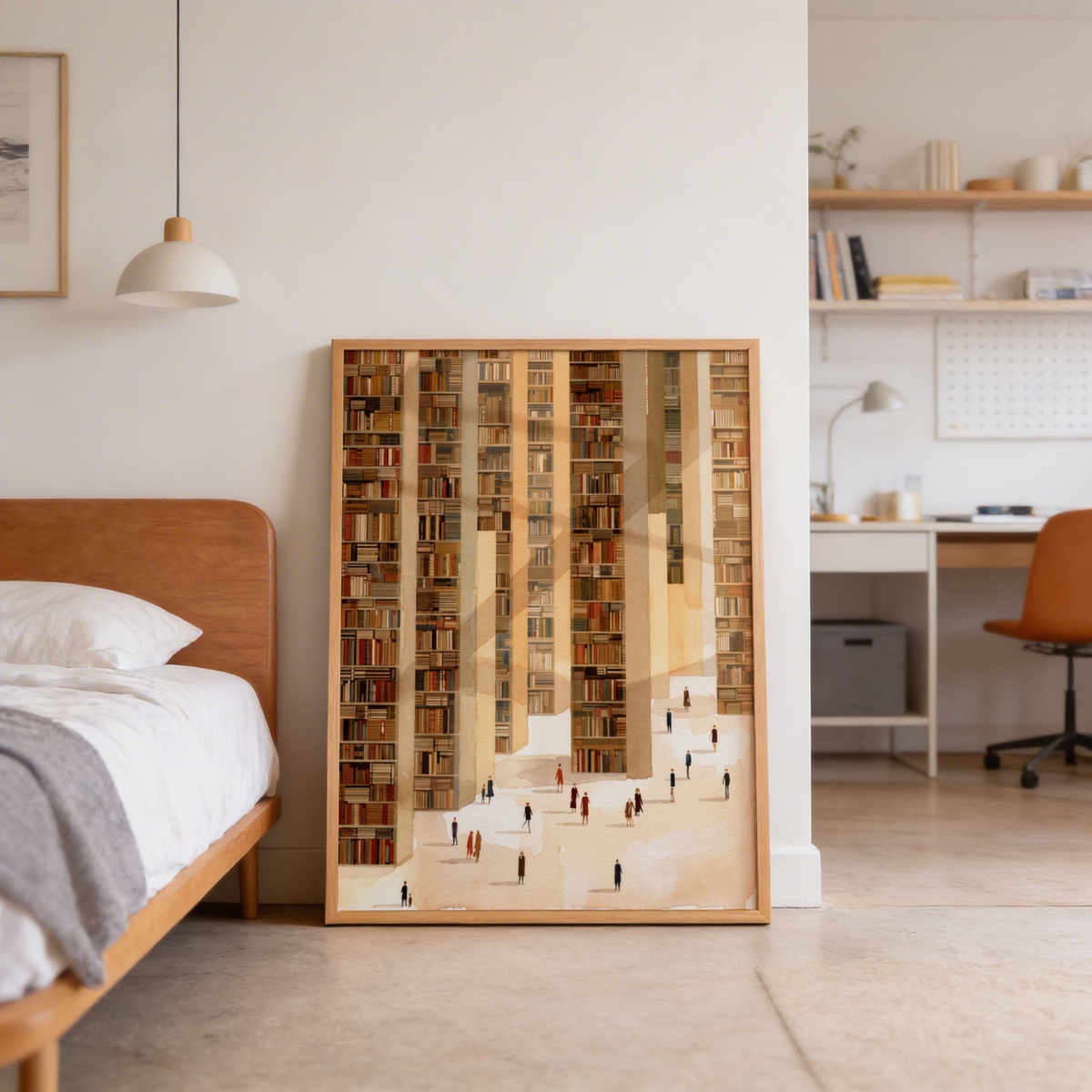 Illustrated library wall art with repeating shelves and open floor space