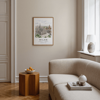 Illustrated Milan Duomo wall art poster showing cathedral spires, surrounding rooftops, and birds in the sky
