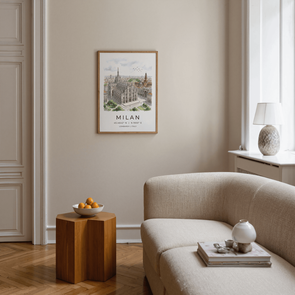 Illustrated Milan Duomo wall art poster showing cathedral spires, surrounding rooftops, and birds in the sky