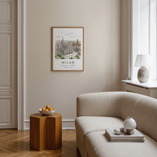 Illustrated Milan Duomo wall art poster showing cathedral spires, surrounding rooftops, and birds in the sky