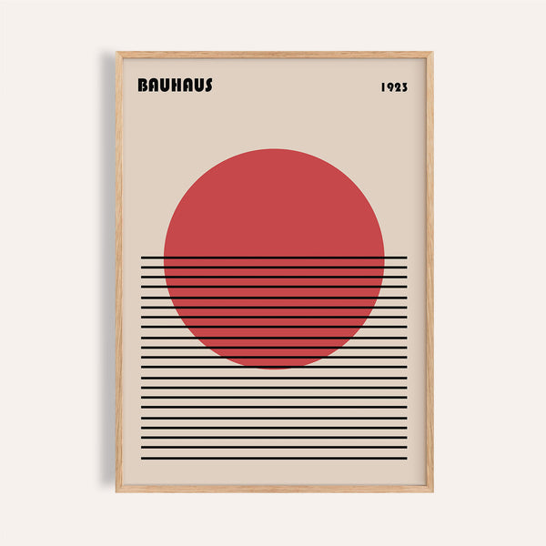 Geometric art print with red sun and black lines in Bauhaus style