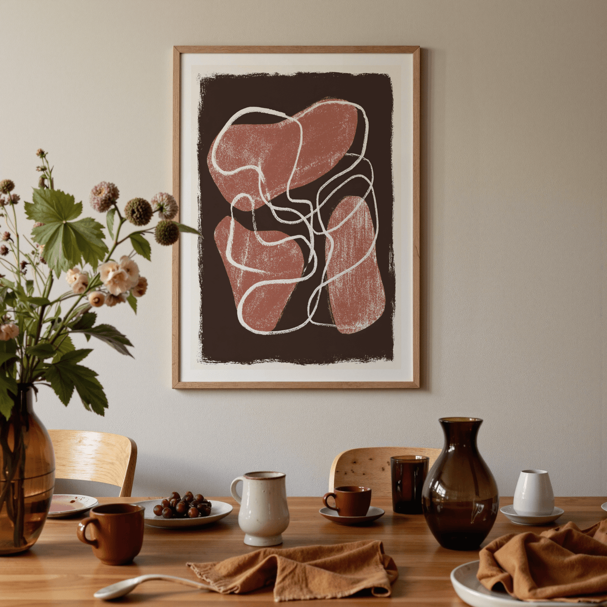 Abstract Earth Tone Print artwork poster with textured red shapes, brown ground, and continuous white line