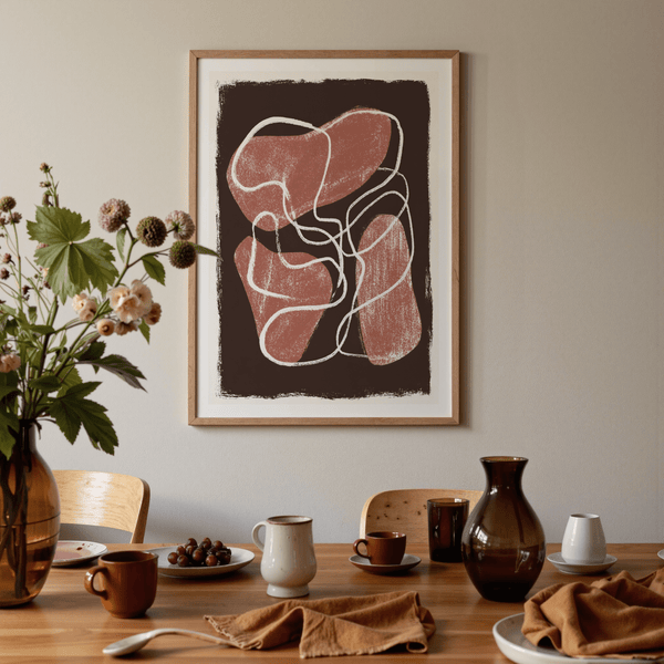 Abstract Earth Tone Print artwork poster with textured red shapes, brown ground, and continuous white line