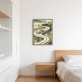 Decorative motorsport wall art print with Green Gray Black Beige palette, winding track, and single-seater car