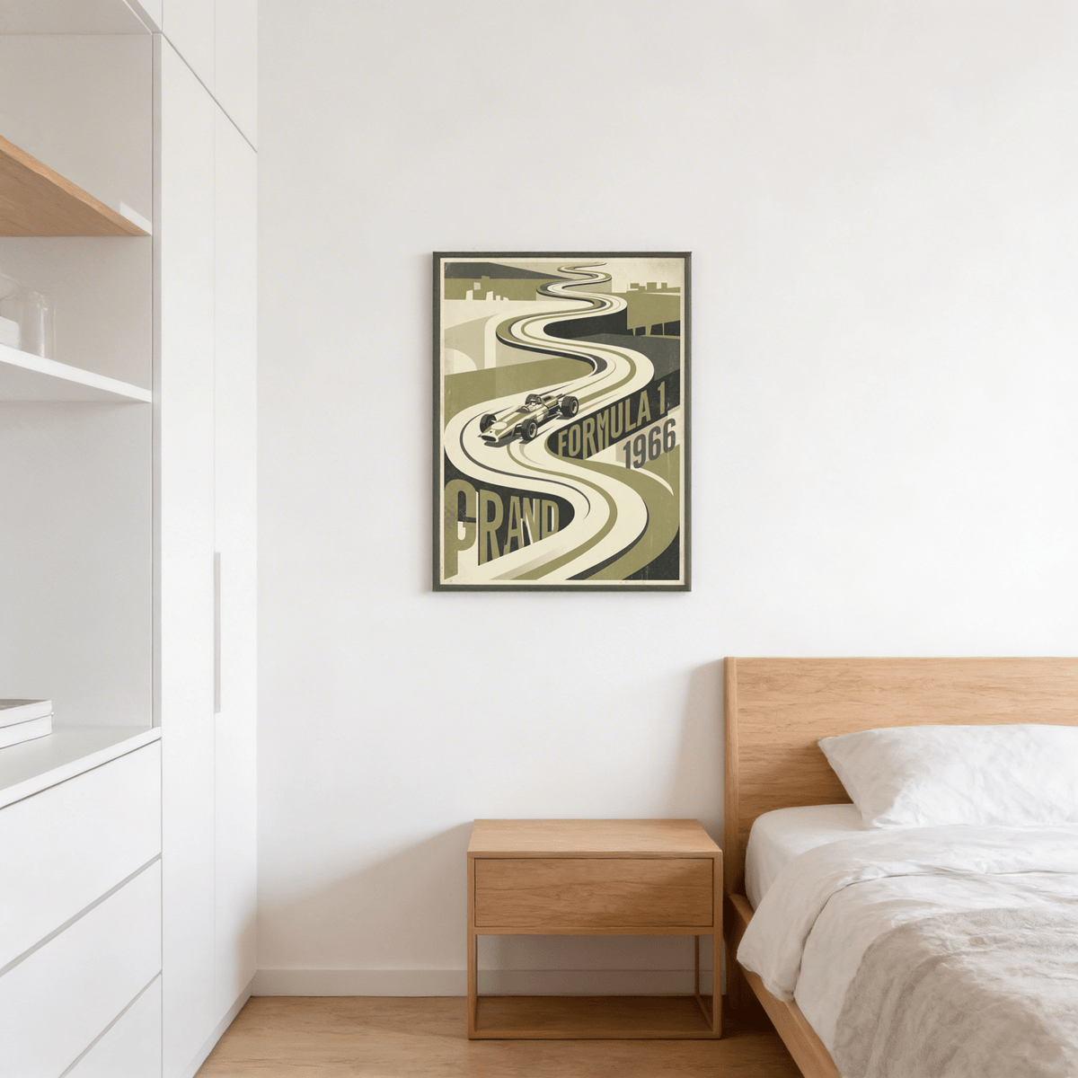 Decorative motorsport wall art print with Green Gray Black Beige palette, winding track, and single-seater car