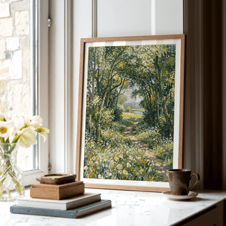 Impressionist Art Print with white flowers and blue accents for a bright hallway print
