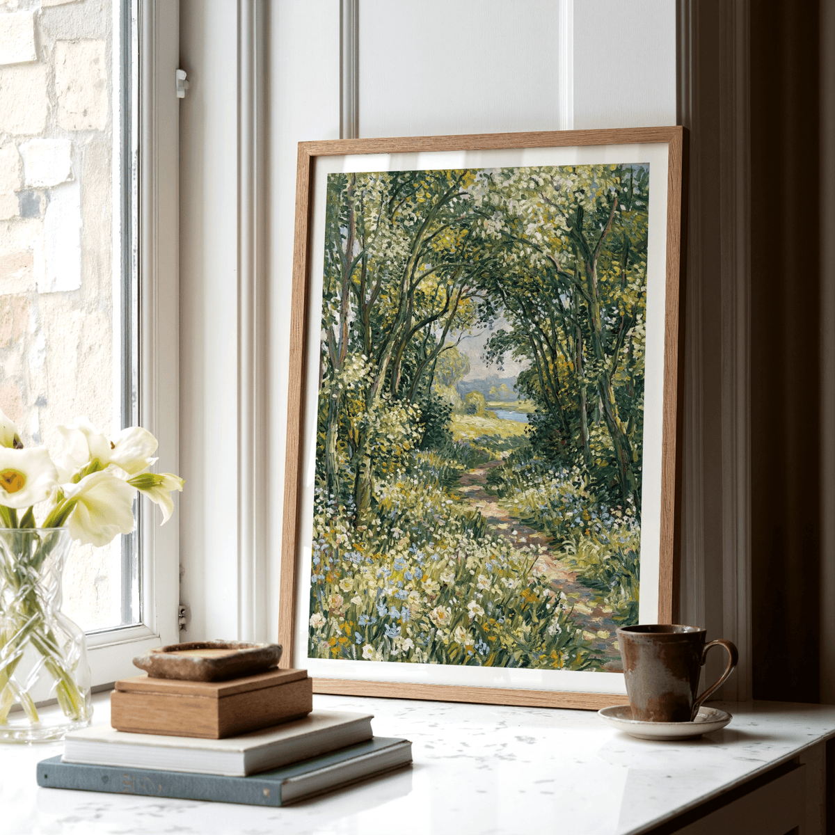 Impressionist Art Print with white flowers and blue accents for a bright hallway print