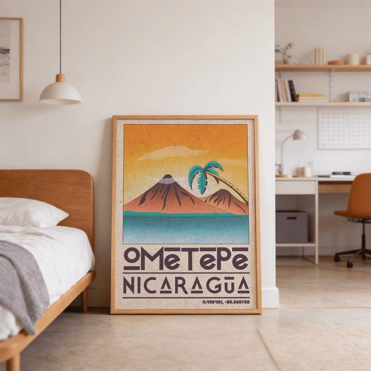 Graphic landscape poster print with central volcano silhouette and framed border design