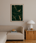 Flying crane illustration poster with speckled night backdrop