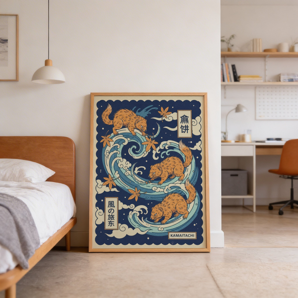 Full poster in Orange, Blue, Beige with looping wave motion