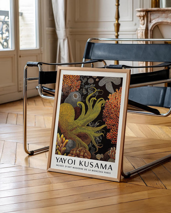 Octopus wall art showing marine creature in golden yellow and black.