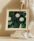 Minimalist dandelion wall art with white flowers and green leaves.