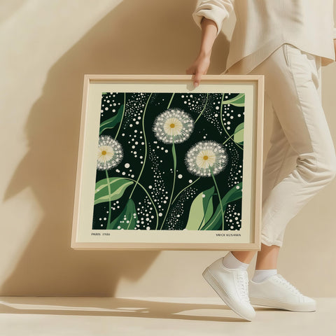 Minimalist dandelion wall art with white flowers and green leaves.