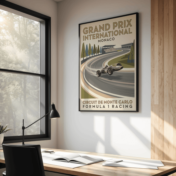 Vintage Monaco Grand Prix wall art print featuring bold typography, grandstand, and winding circuit road