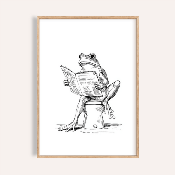 Illustrated frog reading on a toilet wall art print in black and white