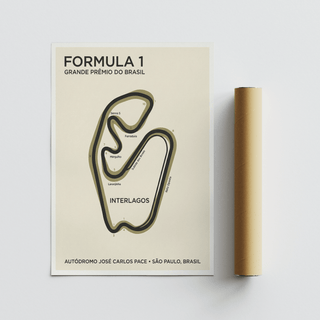 Minimal poster print showing the Interlagos circuit outline in Green, Beige, Black palette