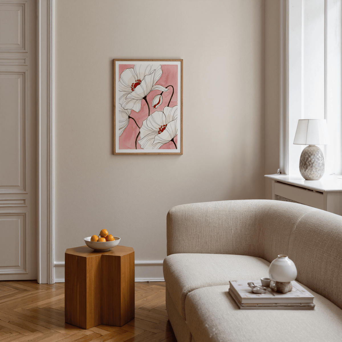 Close-up view of Botanical Floral Art Print showing fine ink lines