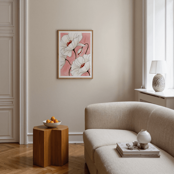 Close-up view of Botanical Floral Art Print showing fine ink lines