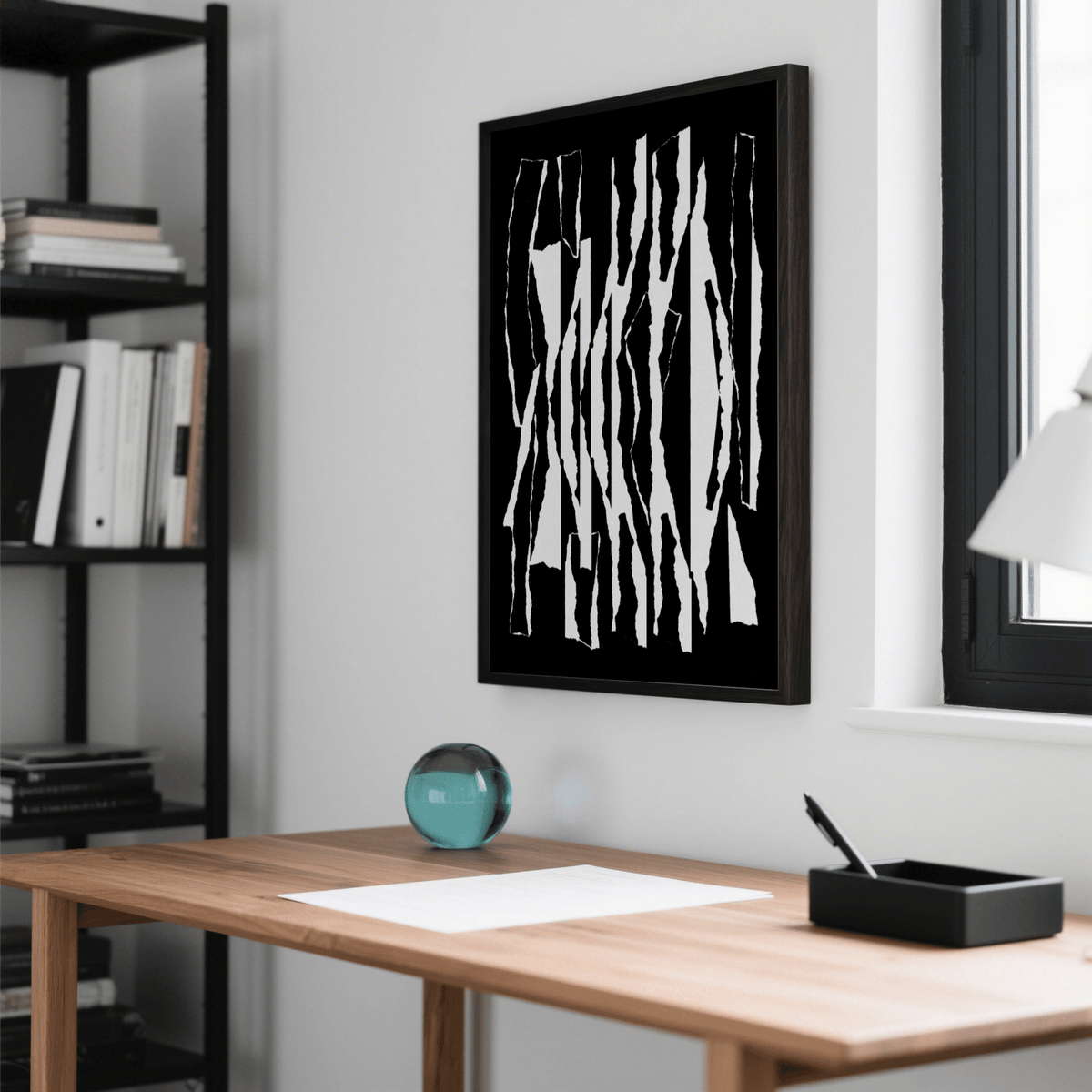 abstract black and white jagged stripe wall art print, living room